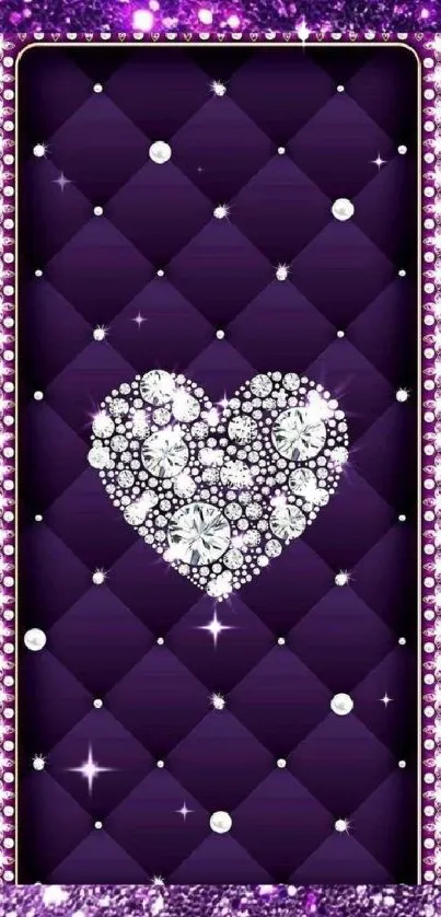 Diamond heart on purple glitter background, creating a luxurious mobile wallpaper.