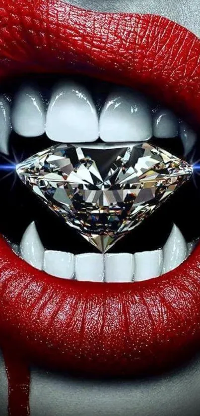 Close-up of red lips holding a diamond.