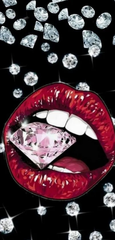 Stylish wallpaper with glossy red lips and sparkling diamonds.