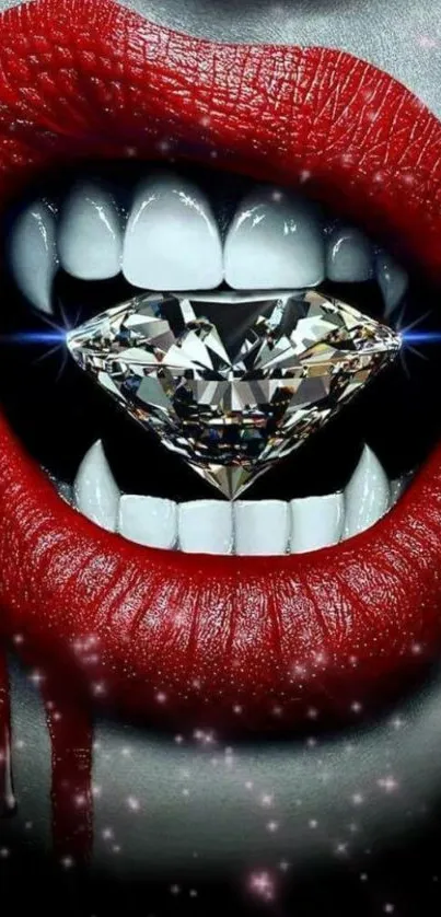 Close-up of vivid red lips with diamond in mouth, glamorous art.