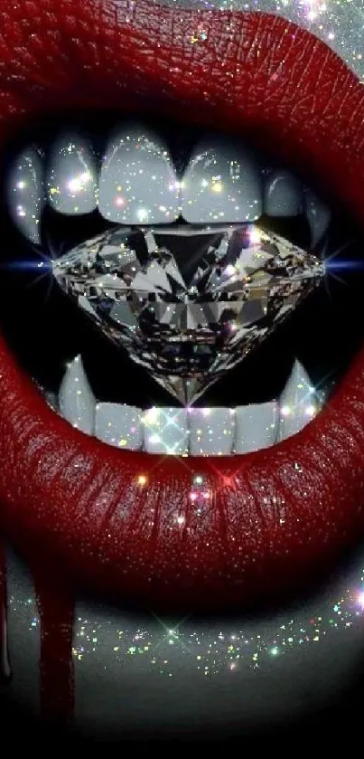 Sparkling diamond between red lips in bold artistic design.