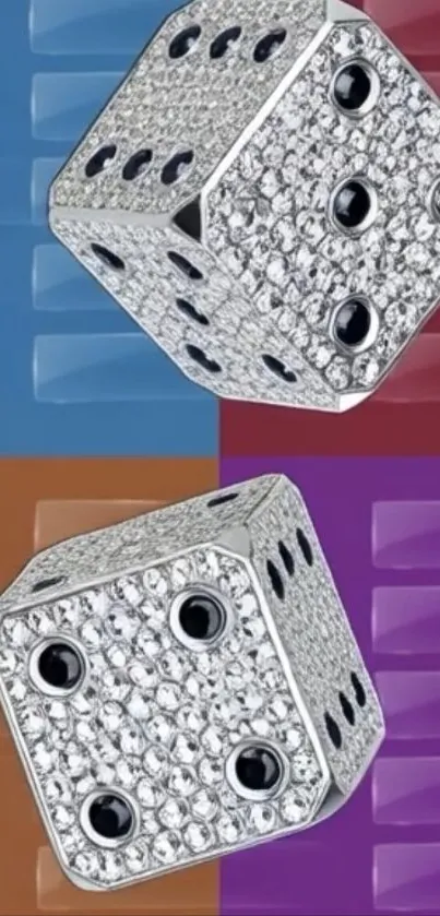 Two glittery dice over colorful horizontal blocks.