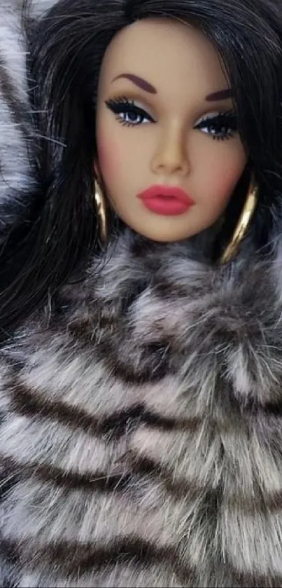 Stylish doll with glamorous makeup and fur texture wallpaper.