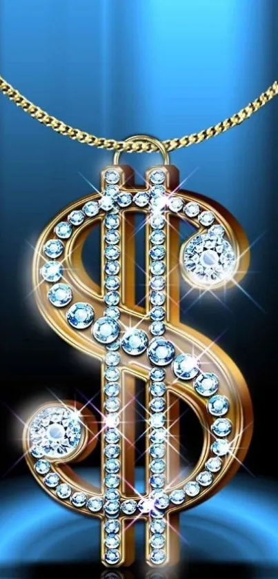 Diamond-studded dollar sign on a chain with blue background.