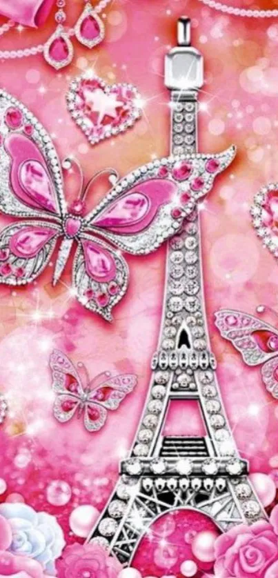 Glamorous mobile wallpaper with pink butterflies and Eiffel Tower.