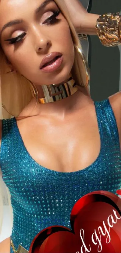 Glamorous portrait of a woman in blue attire.