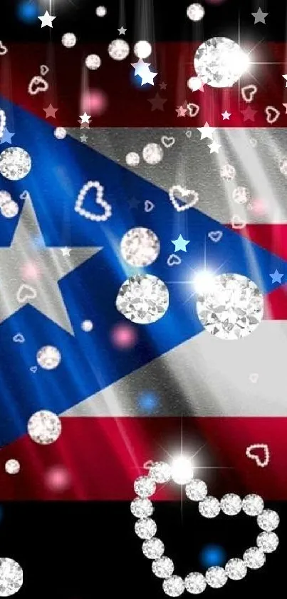 Glamorous mobile wallpaper with sparkling diamond hearts and a flag backdrop.