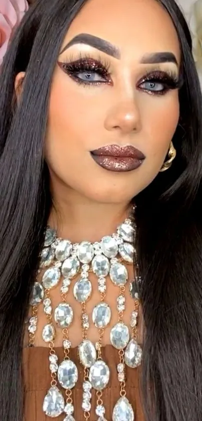 Glamorous woman with floral backdrop wearing jeweled accessories.