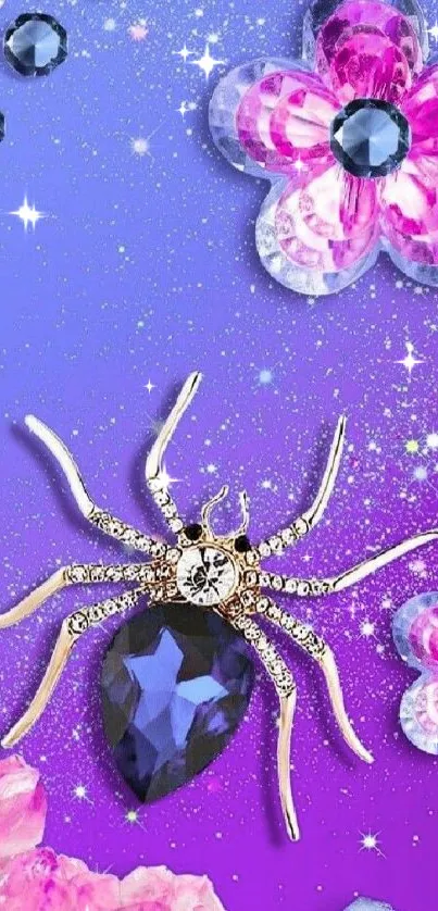 Jeweled spider on a sparkling purple background with floral decor.