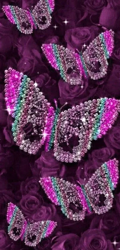 Glamorous wallpaper with gemstone butterflies on purple roses.