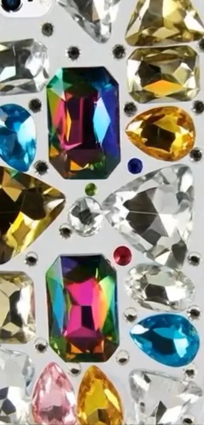 Mobile phone case adorned with colorful gemstones.