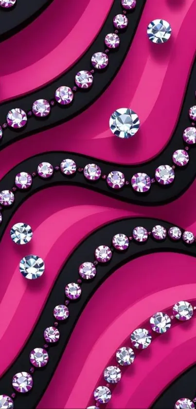 Wavy pink and black wallpaper with gemstones.