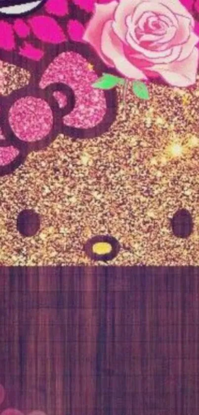 Glamorous glitter cat with pink accents and floral design on mobile wallpaper.