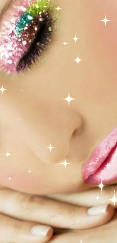 Closeup of a model with vibrant glitter makeup and glossy pink lips.