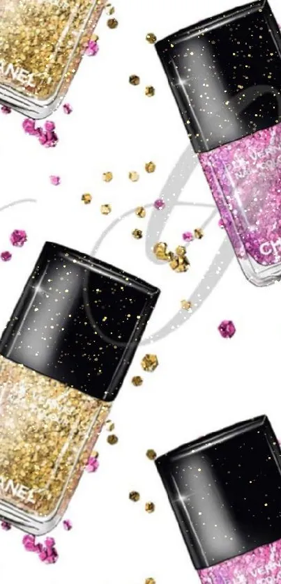 Glamorous wallpaper with glittery nail polish in gold and pink shades.