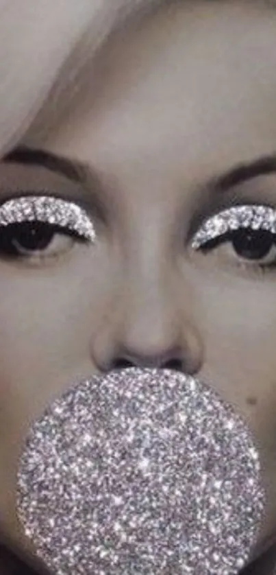 Glamorous monochrome portrait with glitter bubblegum and eye makeup.