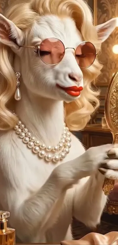 A glamorous goat with pearls, sunglasses, and mirror.