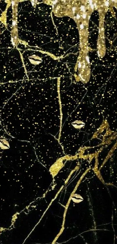 Luxurious black and gold marble wallpaper with chic gold lips.