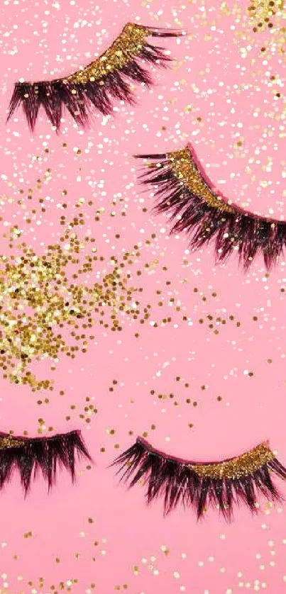 Glamorous lashes with pink and gold glitter wallpaper.