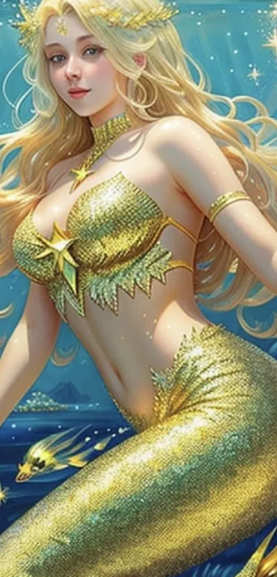 Golden mermaid with flowing hair underwater, vibrant colors.