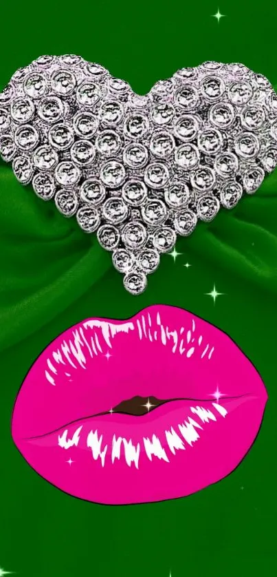 Green wallpaper with diamond heart and pink lips for a stylish phone background.