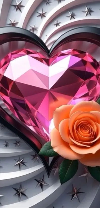 Gemstone heart with orange rose on a starry background.