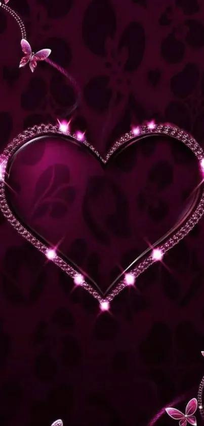 Mobile wallpaper with sparkling heart and butterflies on a purple background
