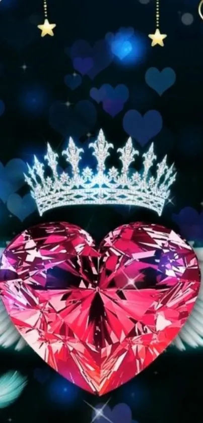 Glamorous pink heart with white wings and crown.