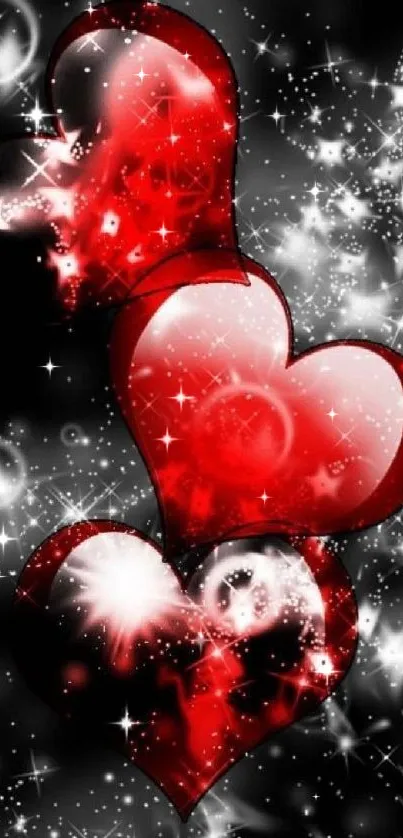 Glamorous mobile wallpaper with glowing red hearts on a starry black background.