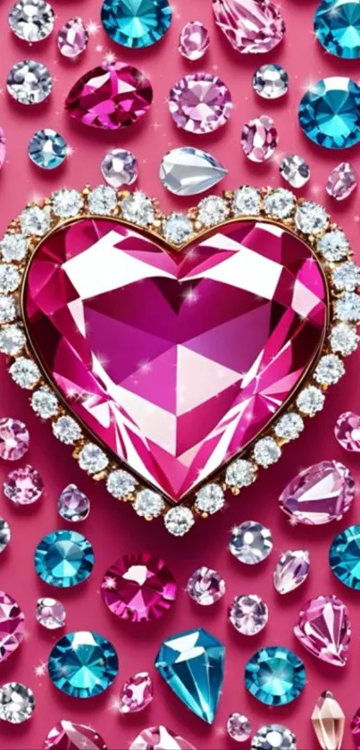 Glamorous heart-shaped gem with colorful jewels on a pink background.