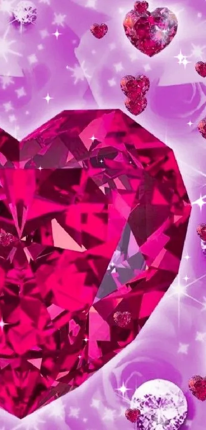 Vibrant pink heart gem on a purple background with sparkling accents.