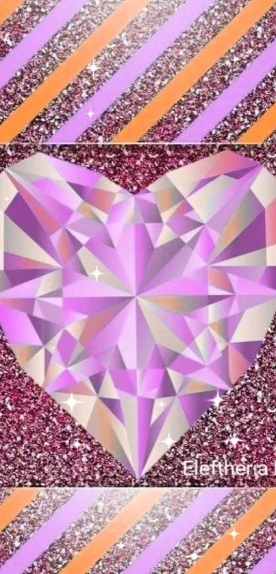 Glamorous pink heart-shaped gemstone on glittery background with vibrant stripes.