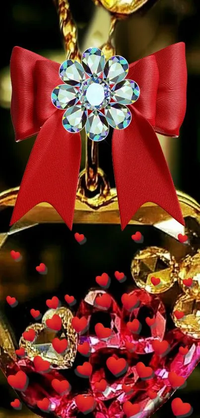 Heart-shaped jewel with red bow and decorative gemstones.