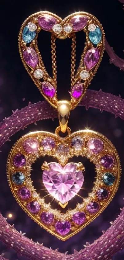 Heart-shaped jewel with blue, purple, and gold accents in a mobile wallpaper.