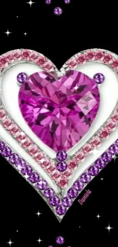 Glamorous heart jewel wallpaper with pink and purple gems on black.