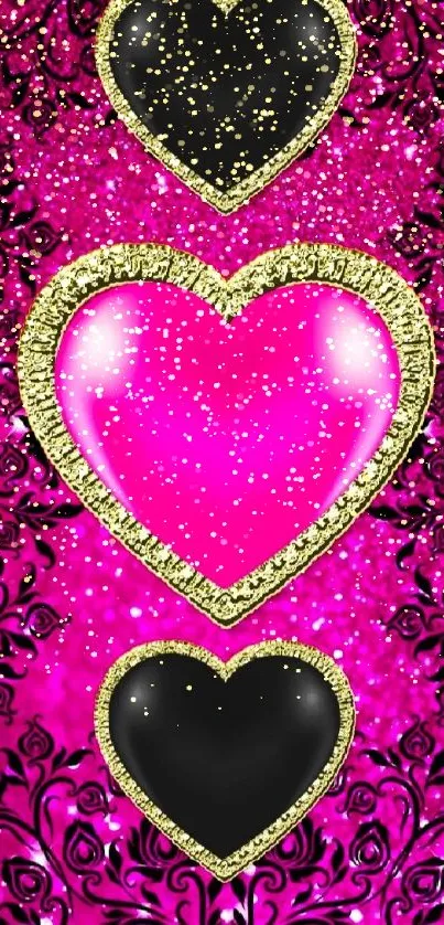 Mobile wallpaper with glamorous pink and black hearts on a magenta background.