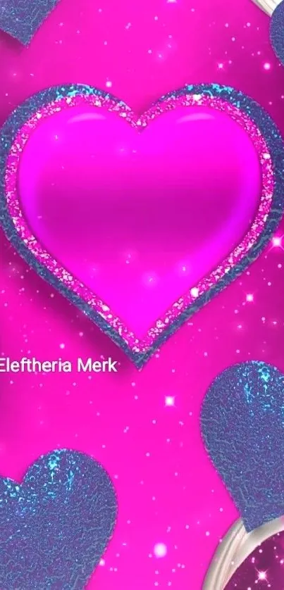 Vibrant pink and blue heart mobile wallpaper with sparkling accents.