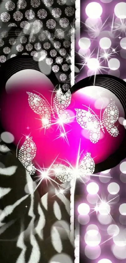 Pink heart with butterflies and sparkles wallpaper.