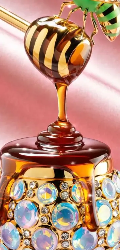 Jeweled honey pot with bee on pink background.