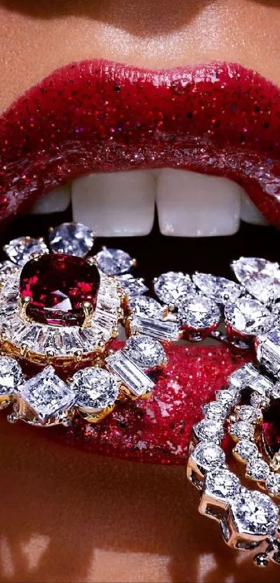 Jewelry adorned lips with red gemstones and diamonds, vibrant wallpaper.