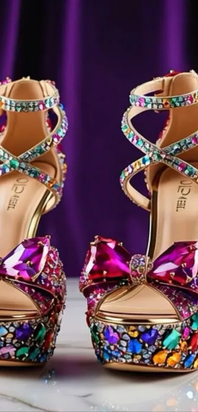 Jewel-encrusted high heels with colorful gems.