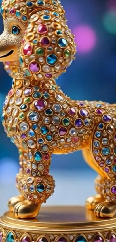 Jewel-encrusted gold poodle statue with colorful gems.