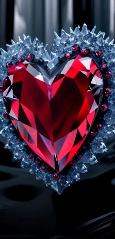 A stunning red jewel heart surrounded by icy blue crystals.