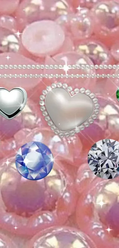 Glamorous wallpaper with hearts and jewels on a pink background.