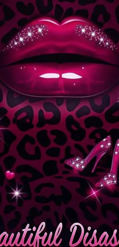 Glamorous pink leopard print with lips and heels wallpaper.