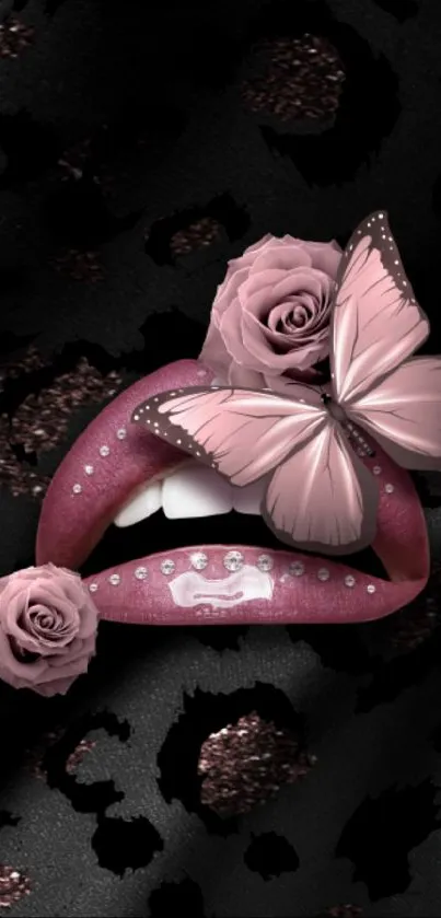 Elegant wallpaper with glamorous lips, roses, and butterfly on leopard print.