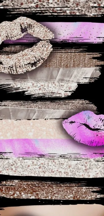 Chic mobile wallpaper with glittery lips and stripes.