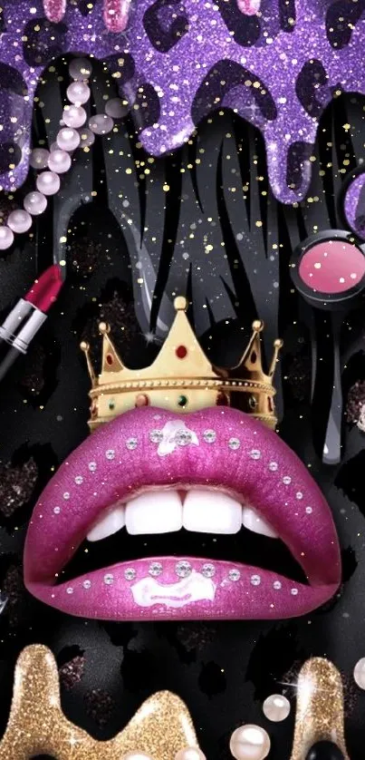 Glamorous phone wallpaper with jeweled lips and accessories in pink and purple hues.