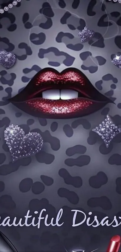 Glamorous mobile wallpaper with sparkling lips and leopard print background.