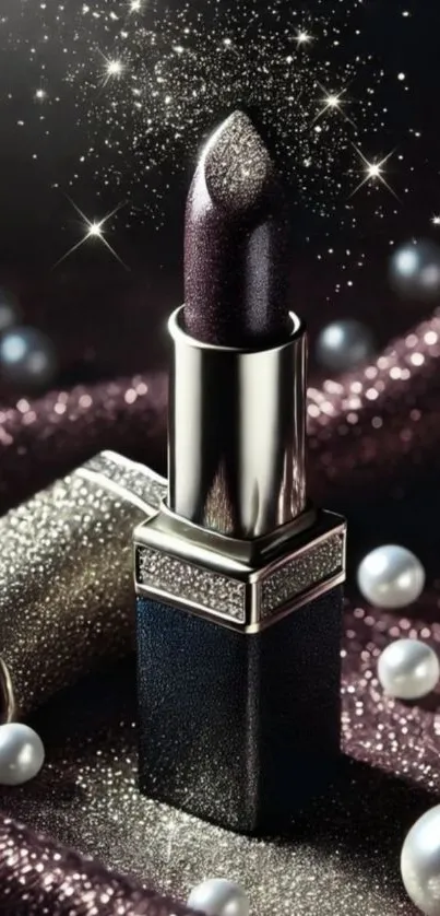 Elegant black lipstick with shimmering pearls and glitter.